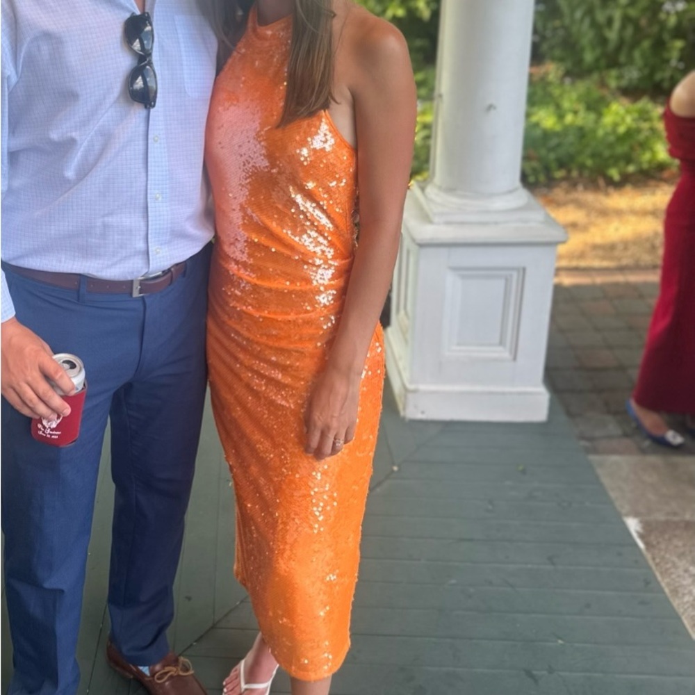 Caroline Constas Orange Sequin Halter Midi Dress